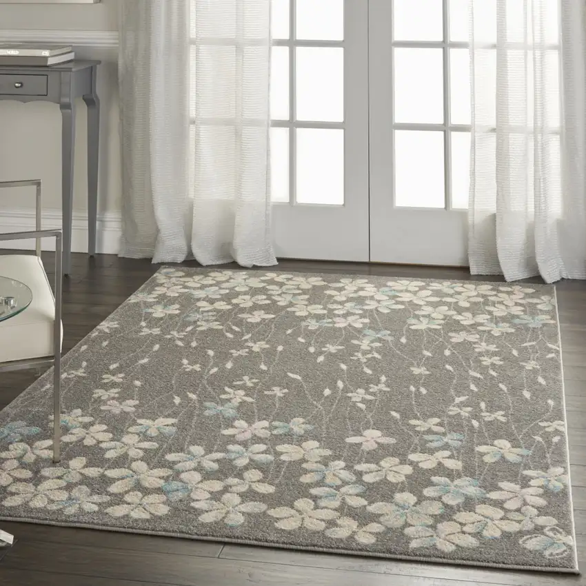 Gray And Beige Floral Area Rug Photo 4