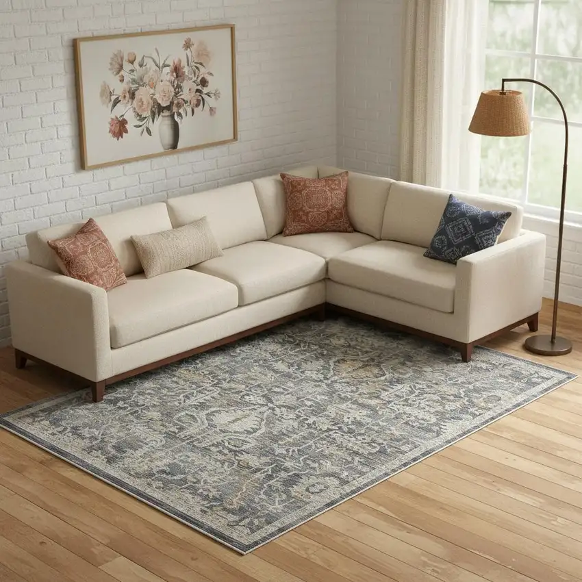 Gray And Beige Floral Area Rug Photo 2