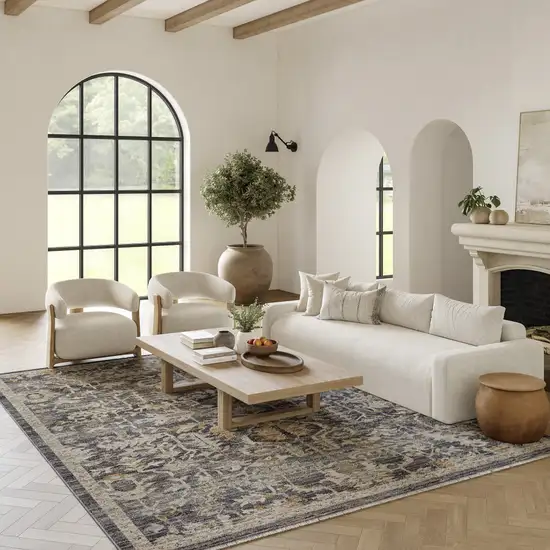 Gray And Beige Floral Area Rug Photo 5