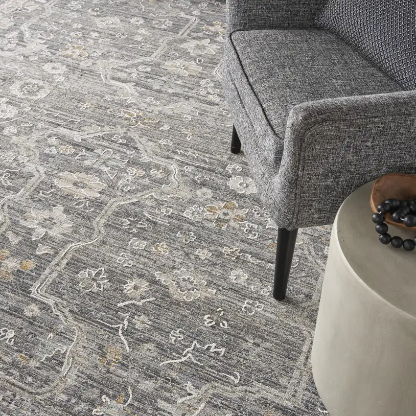 Gray And Beige Floral Distressed Area Rug Photo 6