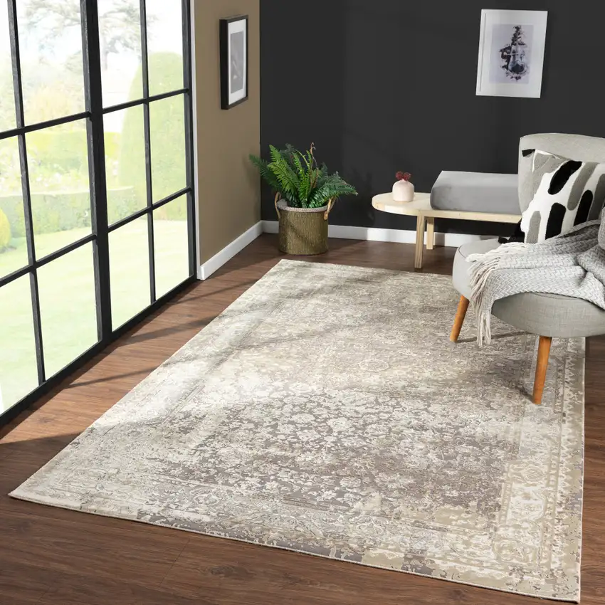 Gray And Beige Floral Square Rug Photo 6