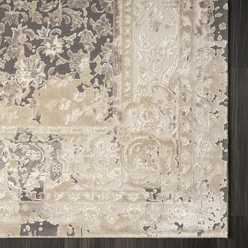 Gray And Beige Floral Square Rug Photo 9