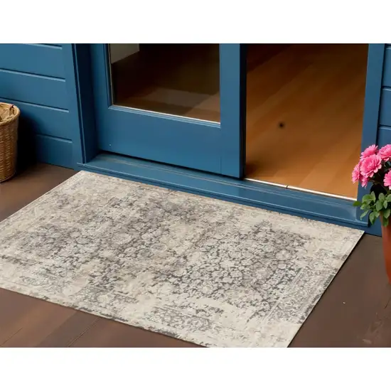 Gray And Beige Floral Square Rug Photo 1
