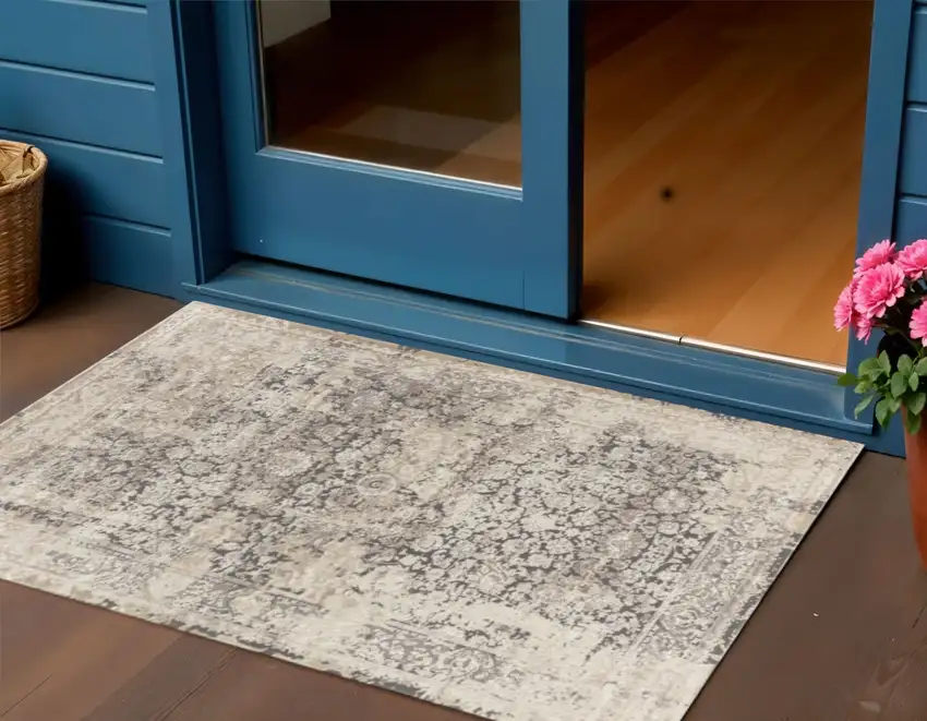 Gray And Beige Floral Square Rug Photo 1