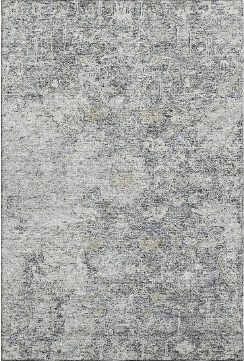 Gray And Beige Floral Washable Area Rug With UV Protection Photo 1