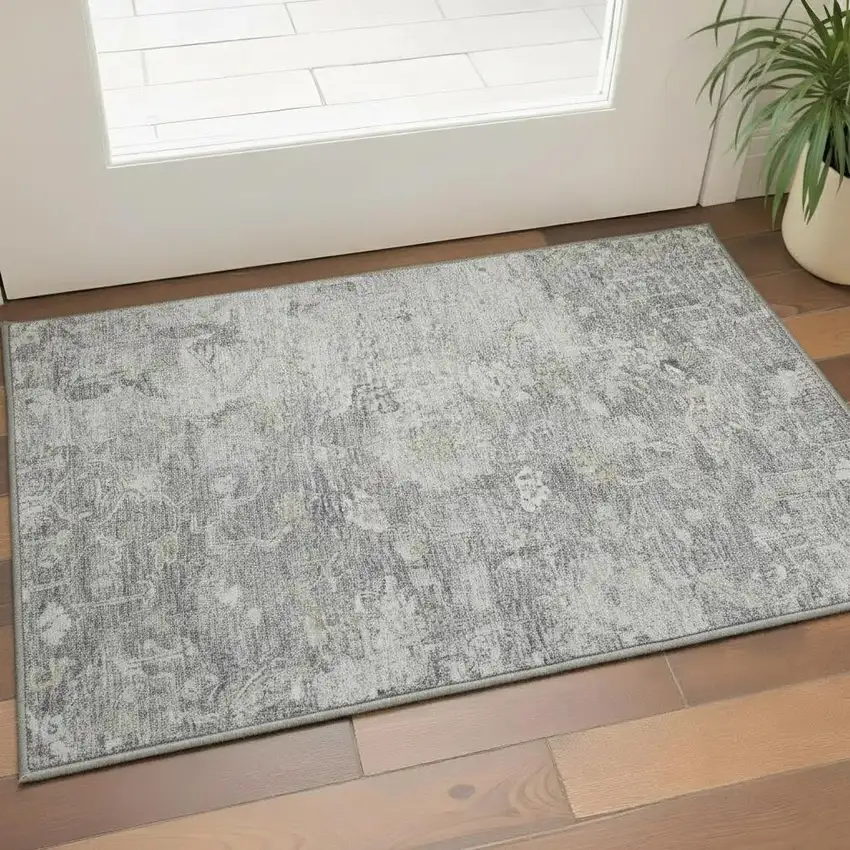 Gray And Beige Floral Washable Area Rug With UV Protection Photo 2