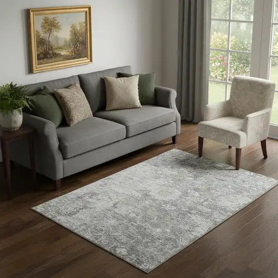 Gray And Beige Floral Washable Area Rug With UV Protection Photo 1