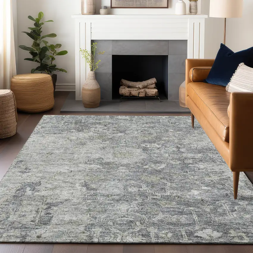 Gray And Beige Floral Washable Area Rug With UV Protection Photo 6