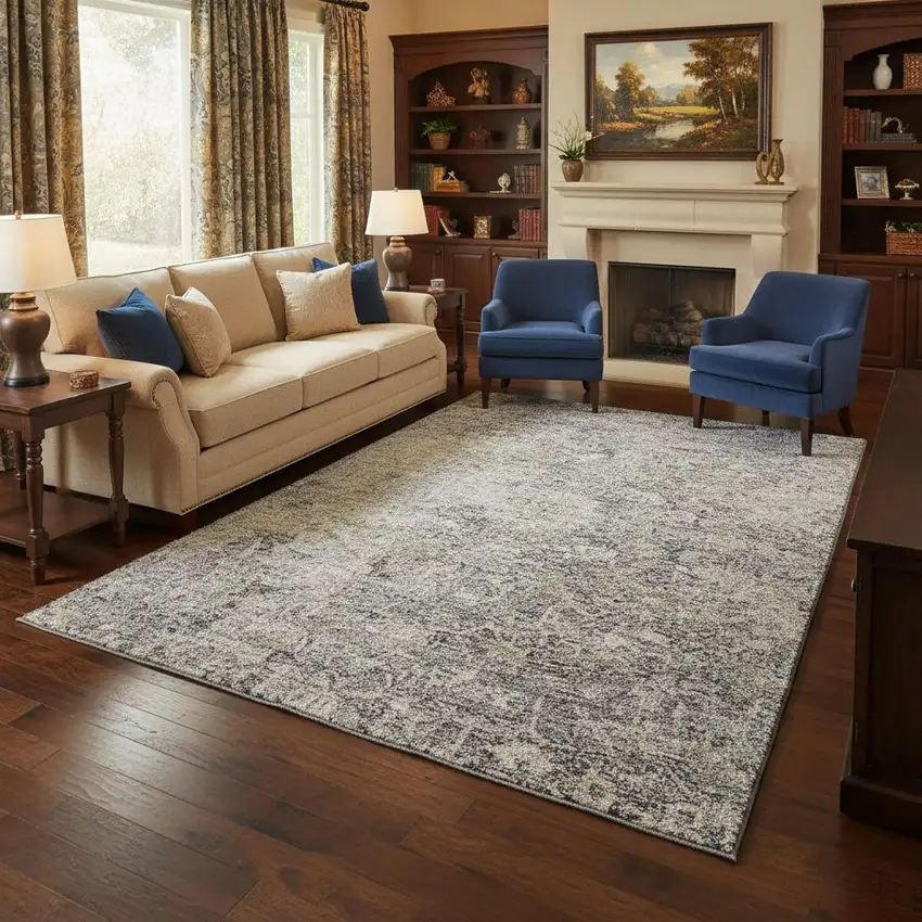 Gray And Beige Floral Washable Area Rug With UV Protection Photo 2