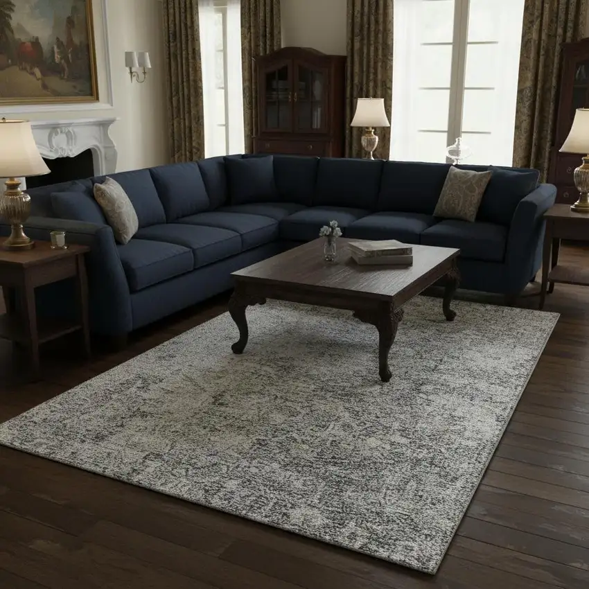 Gray And Beige Floral Washable Area Rug With UV Protection Photo 2