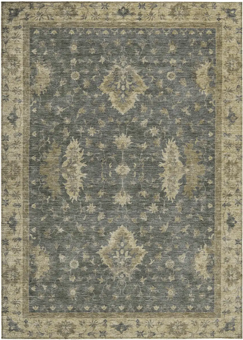Gray And Beige Floral Washable Indoor Outdoor Area Rug Photo 1