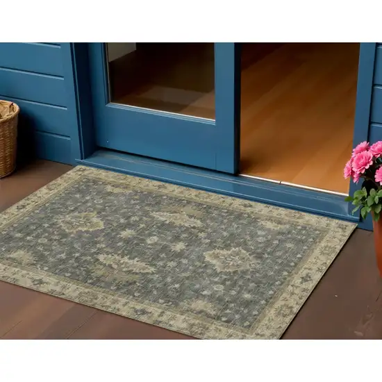 Gray And Beige Floral Washable Indoor Outdoor Area Rug Photo 2
