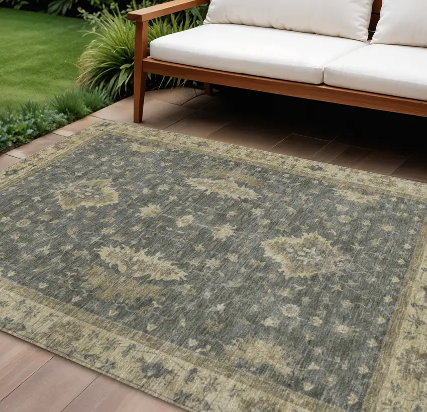 Gray And Beige Floral Washable Indoor Outdoor Area Rug Photo 2