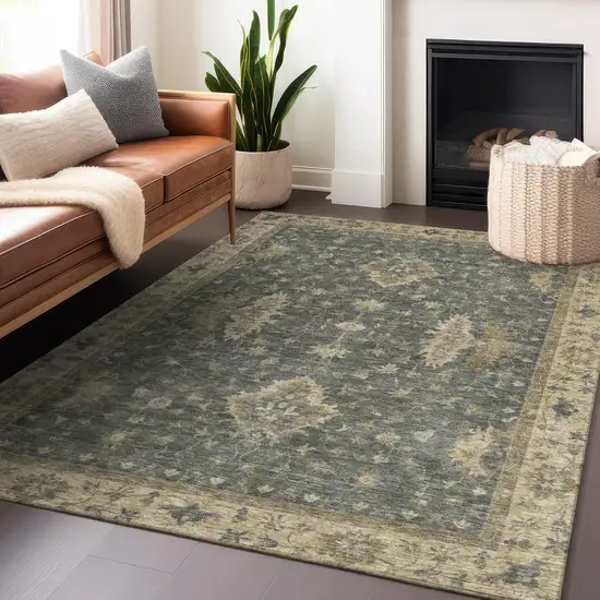 Gray And Beige Floral Washable Indoor Outdoor Area Rug Photo 6