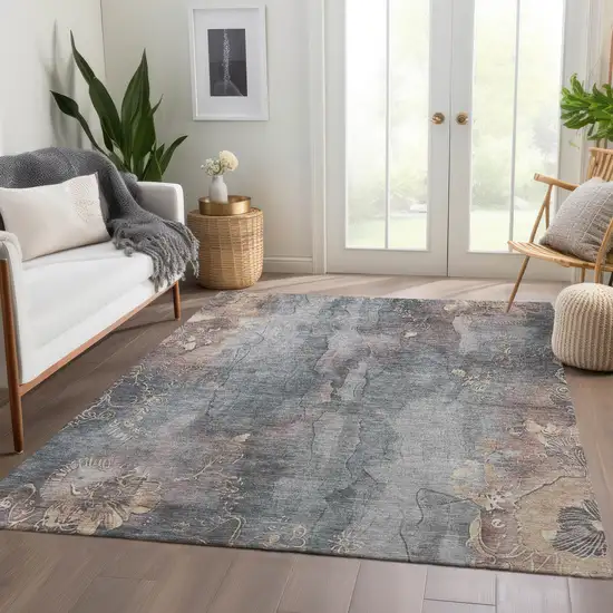 Gray And Beige Floral Washable Indoor Outdoor Area Rug Photo 7