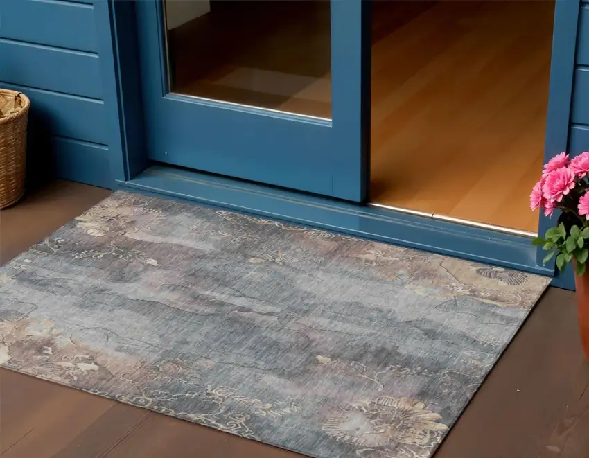 Gray And Beige Floral Washable Indoor Outdoor Area Rug Photo 2