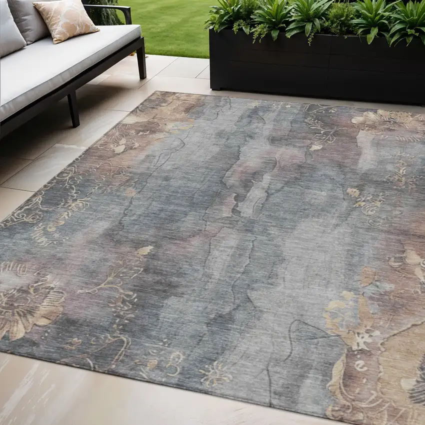 Gray And Beige Floral Washable Indoor Outdoor Area Rug Photo 2