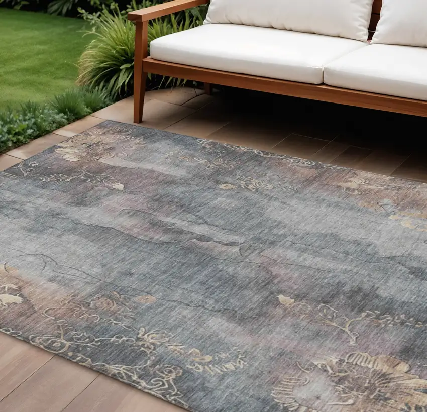 Gray And Beige Floral Washable Indoor Outdoor Area Rug Photo 2