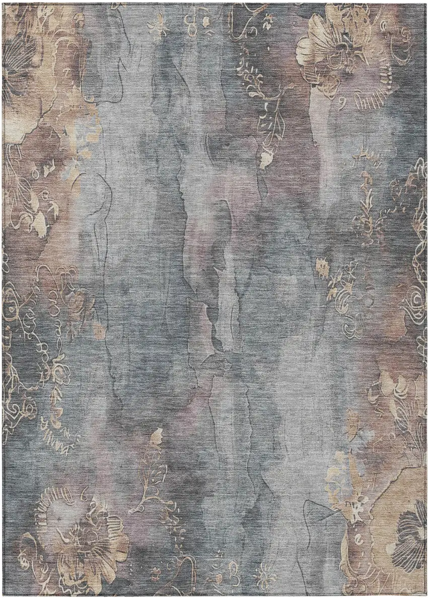 Gray And Beige Floral Washable Indoor Outdoor Area Rug Photo 8