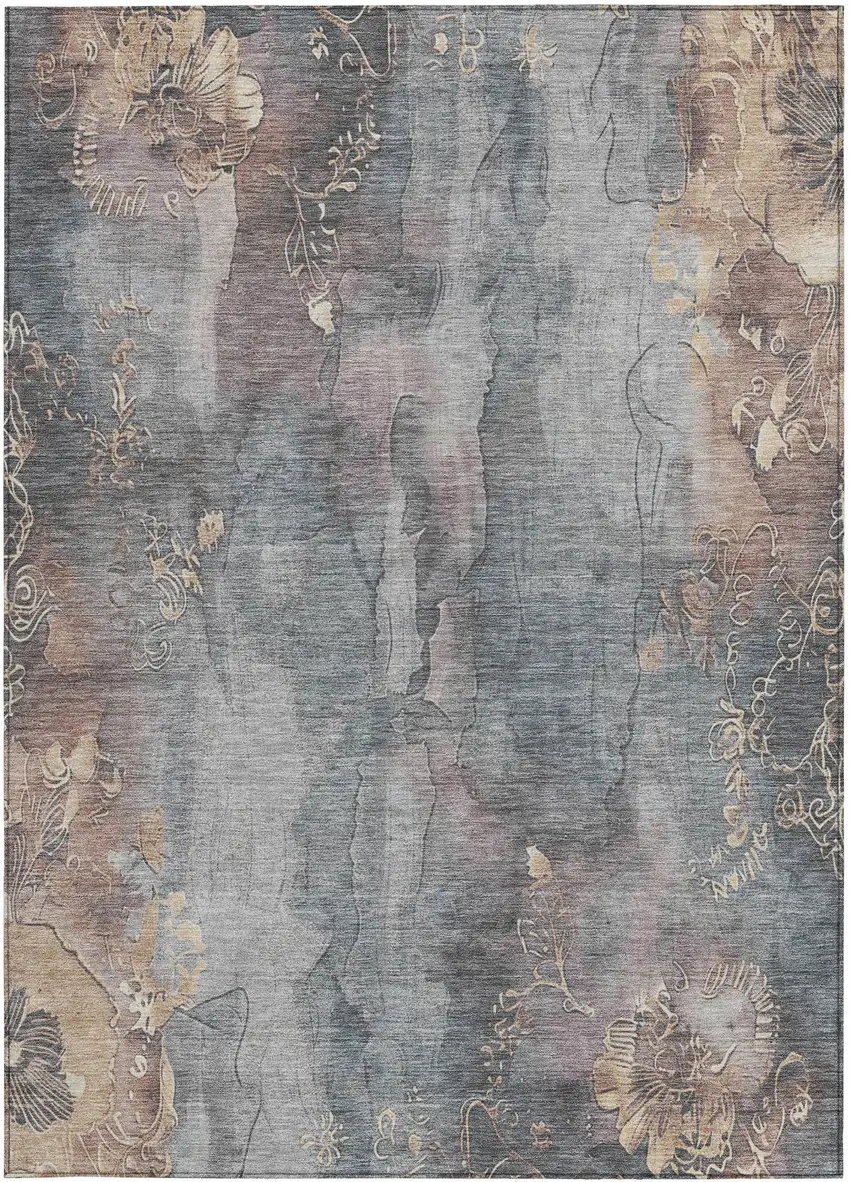 Gray And Beige Floral Washable Indoor Outdoor Area Rug Photo 1