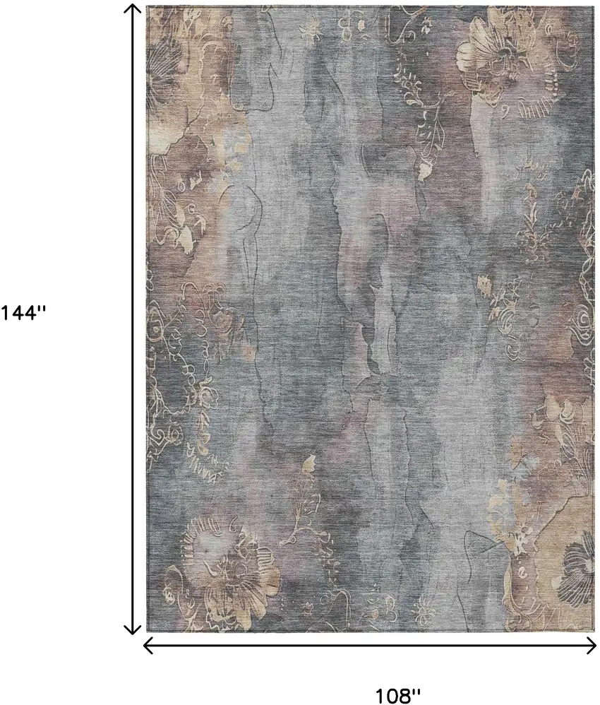 Gray And Beige Floral Washable Indoor Outdoor Area Rug Photo 9
