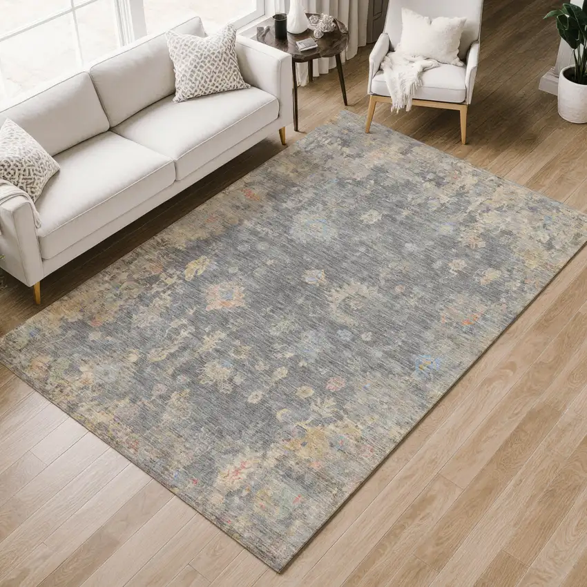 Gray And Beige Floral Washable Indoor Outdoor Area Rug Photo 8