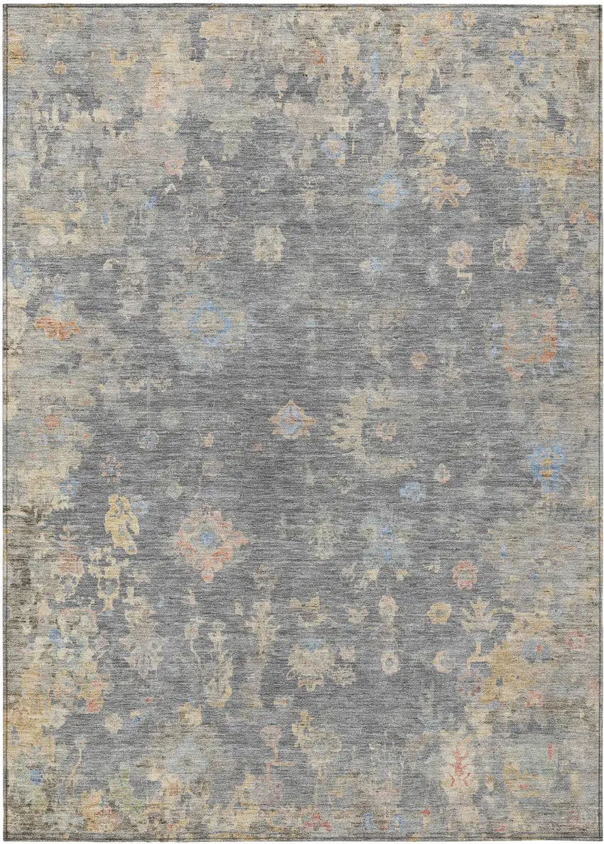 Gray And Beige Floral Washable Indoor Outdoor Area Rug Photo 2