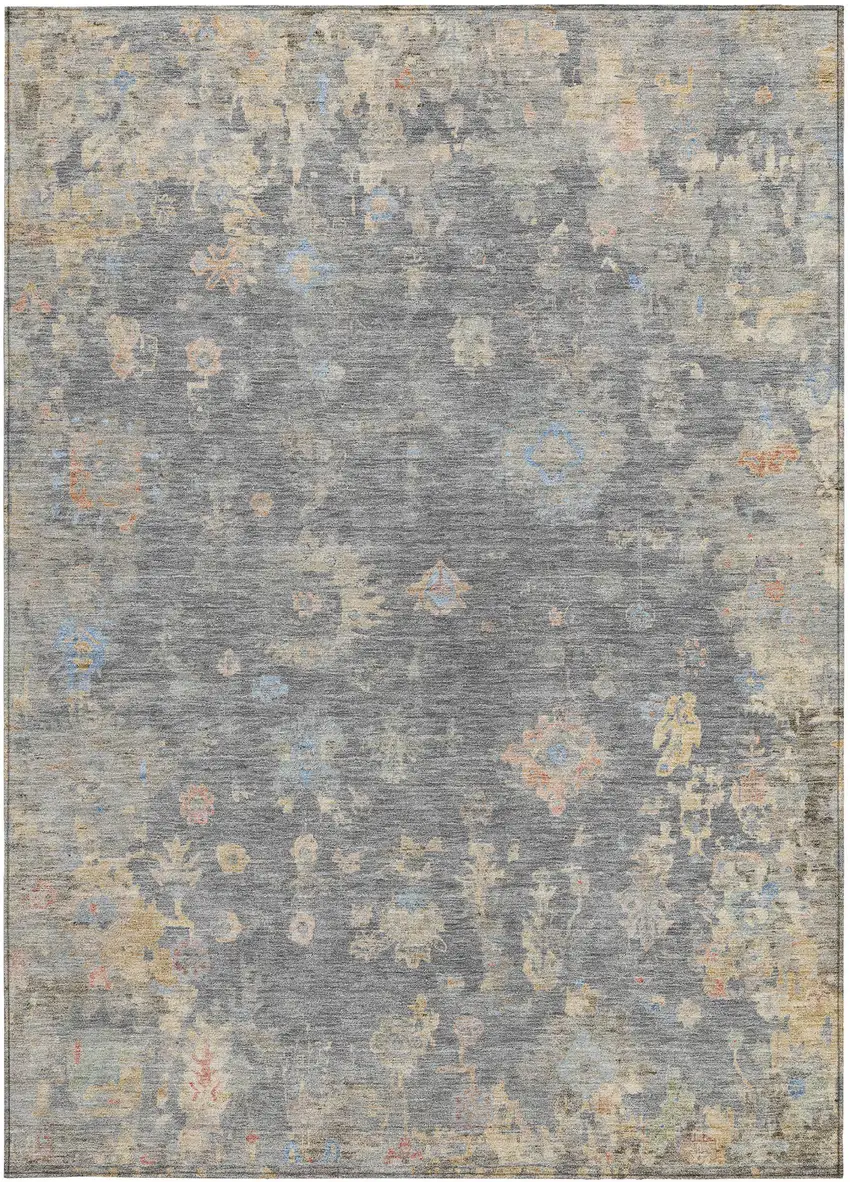 Gray And Beige Floral Washable Indoor Outdoor Area Rug Photo 4
