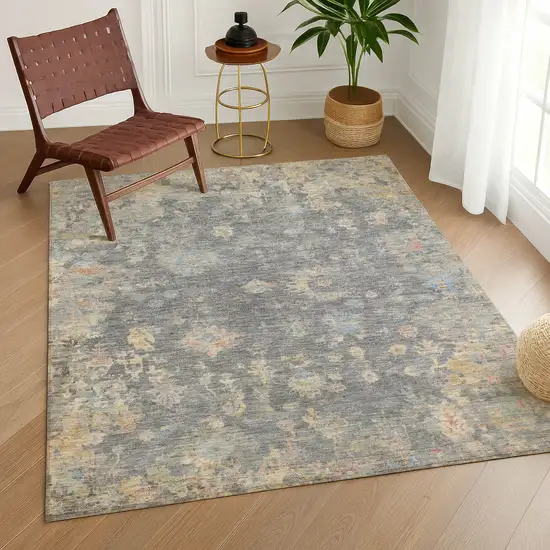 Gray And Beige Floral Washable Indoor Outdoor Area Rug Photo 9
