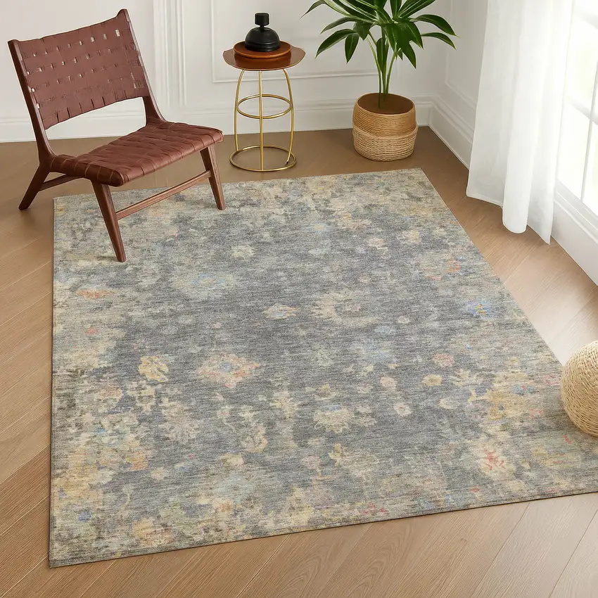 Gray And Beige Floral Washable Indoor Outdoor Area Rug Photo 9