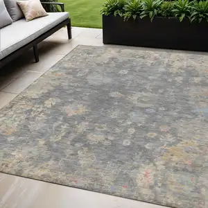 Photo of Gray And Beige Floral Washable Indoor Outdoor Area Rug