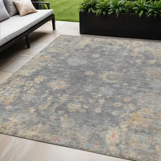 Gray And Beige Floral Washable Indoor Outdoor Area Rug Photo 1