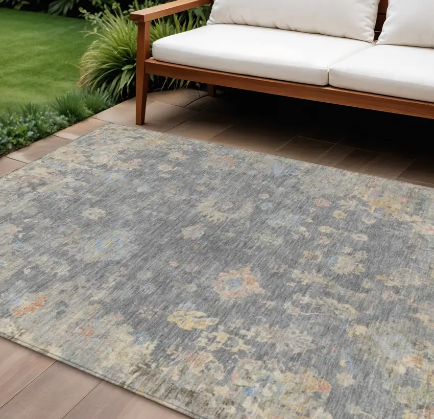 Gray And Beige Floral Washable Indoor Outdoor Area Rug Photo 1