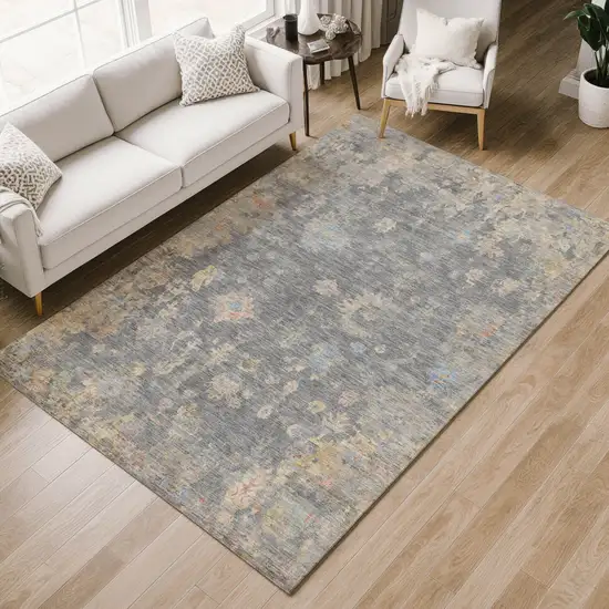 Gray And Beige Floral Washable Indoor Outdoor Area Rug Photo 8