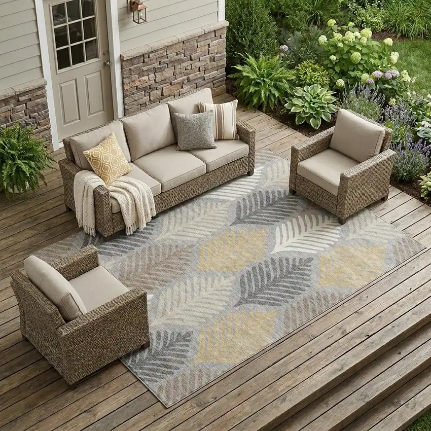 Gray And Beige Floral Washable Indoor Outdoor Area Rug Photo 1