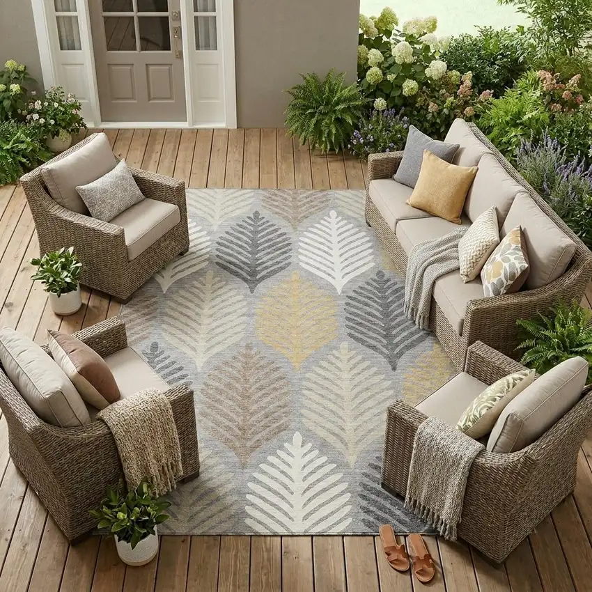 Gray And Beige Floral Washable Indoor Outdoor Area Rug Photo 1