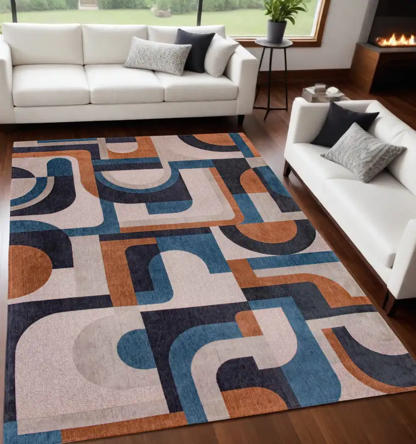 Gray And Beige Geometric Washable Area Rug Photo 1