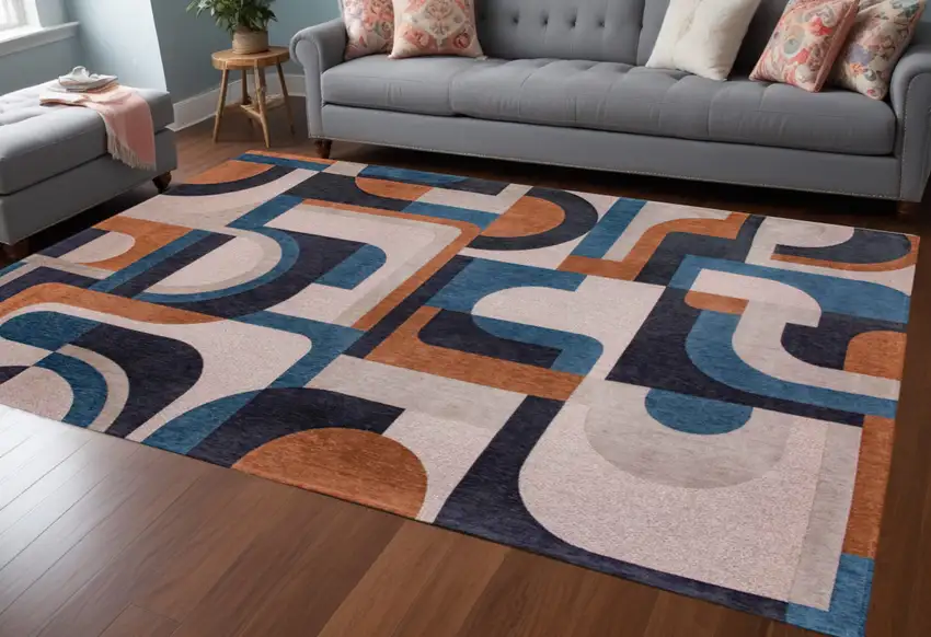 Gray And Beige Geometric Washable Area Rug Photo 1