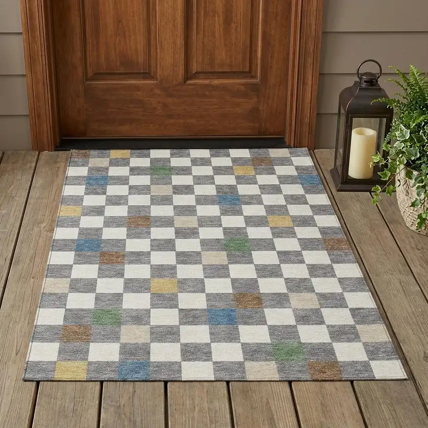 Gray And Beige Geometric Washable Indoor Outdoor Area Rug Photo 1