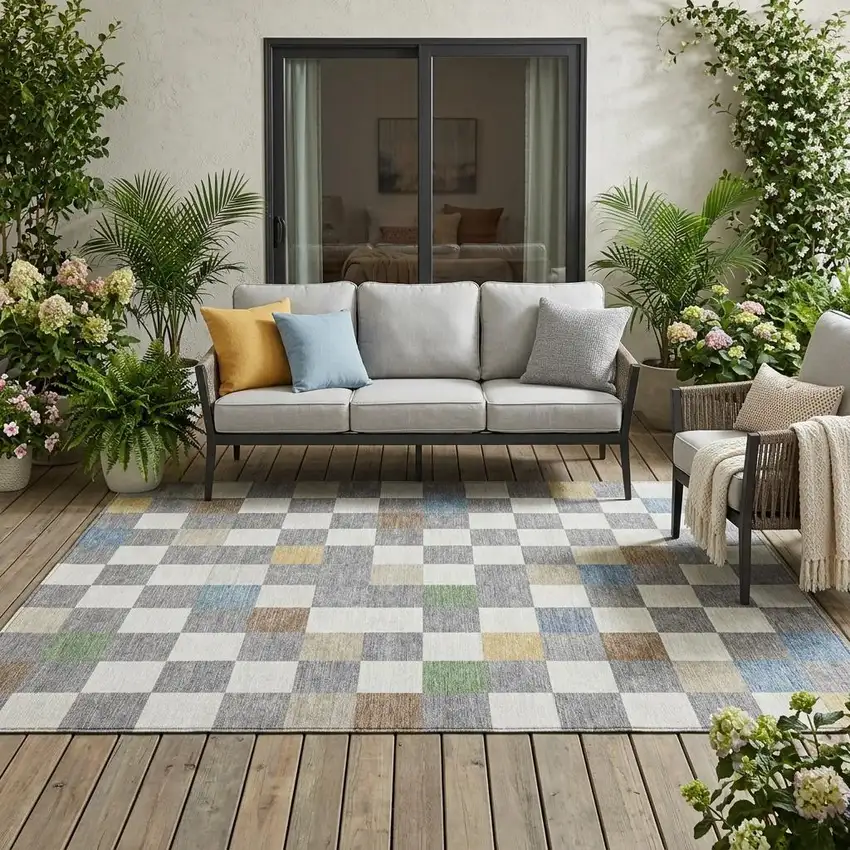 Gray And Beige Geometric Washable Indoor Outdoor Area Rug Photo 1