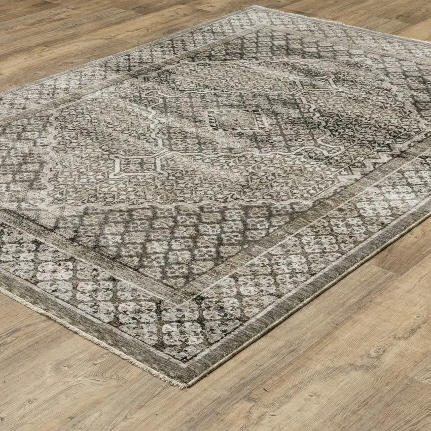 Gray And Beige Medallion Area Rug With Fringe Photo 6