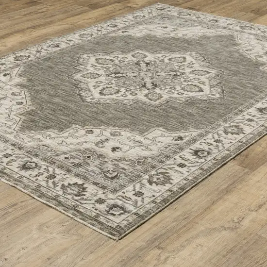Gray And Beige Medallion Area Rug With Fringe Photo 7