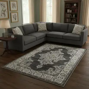 Photo of Gray And Beige Medallion Area Rug With Fringe