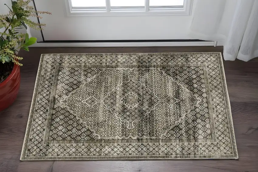 Gray And Beige Medallion Area Rug With Fringe Photo 1