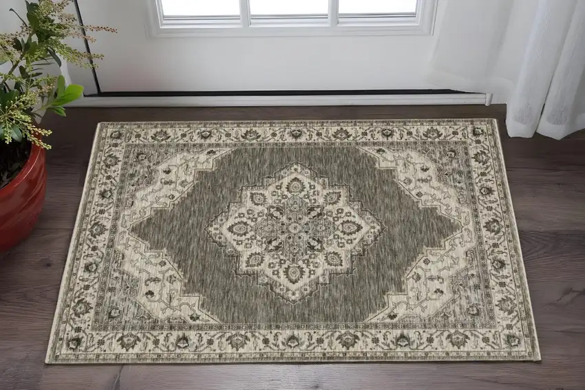 Gray And Beige Medallion Area Rug With Fringe Photo 1
