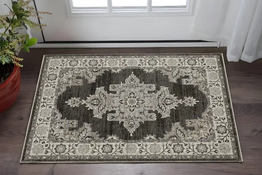 Gray And Beige Medallion Area Rug With Fringe Photo 1