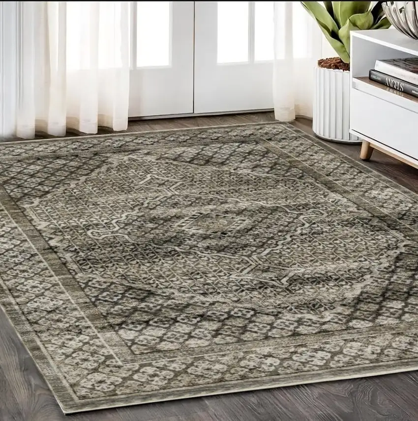 Gray And Beige Medallion Area Rug With Fringe Photo 1