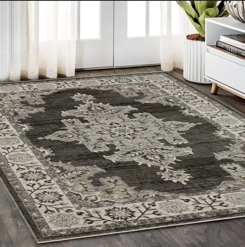 Gray And Beige Medallion Area Rug With Fringe Photo 1
