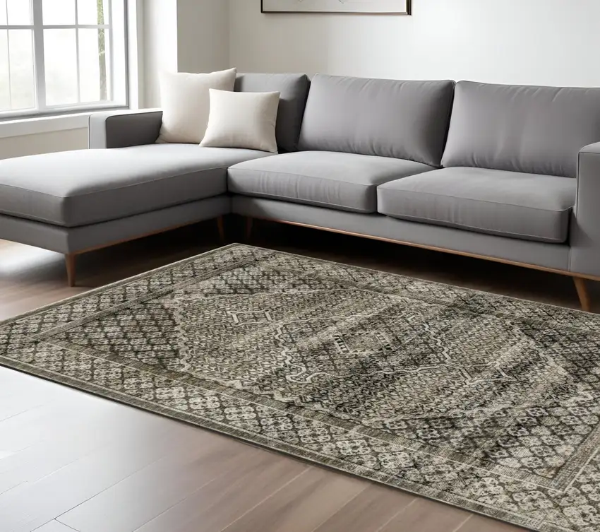 Gray And Beige Medallion Area Rug With Fringe Photo 1