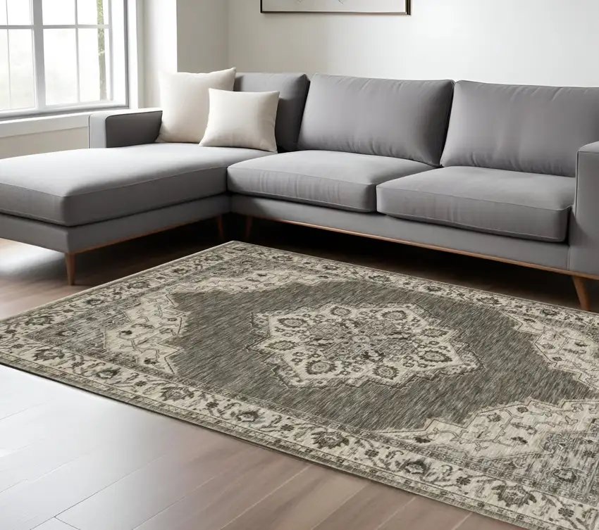 Gray And Beige Medallion Area Rug With Fringe Photo 1